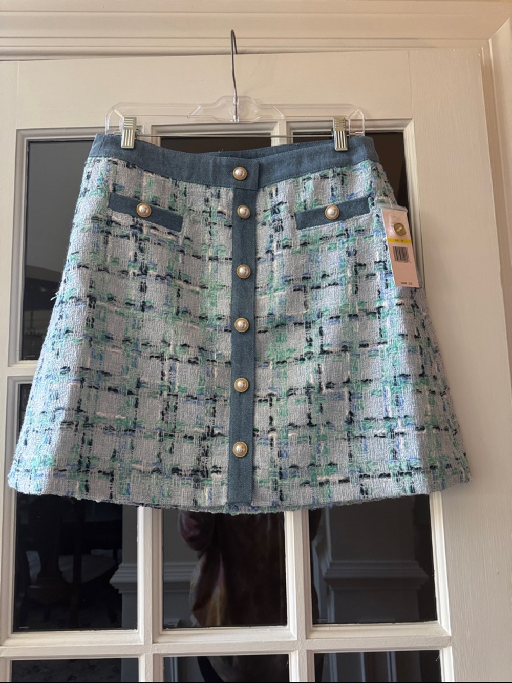 Nanette Lepore Blue Tweed A-Line Mini Skirt with Pearl Buttons